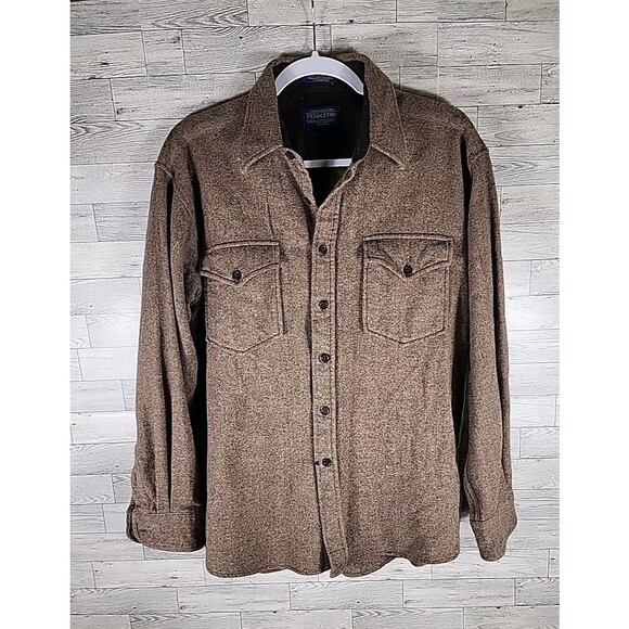 Pendleton Guide Shirt 100% Virgin Wool Solid Brown Flannel Mens Large - Picture 1 of 10